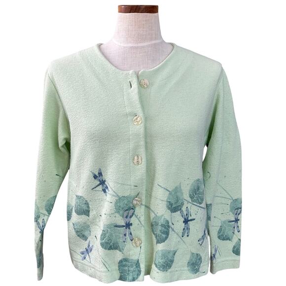 Vintage Art to Wear Dragonfly Cardigan S Sage Green Botanical Print Nature Retro - Picture 1 of 10
